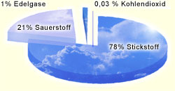 Zusammensetzung der Atemluft: 78 % Stickstoff, 21 % Sauerstoff, 1 % Edelgase, 0,03 % Kohlendioxid