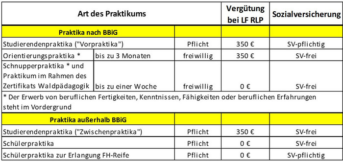 Aufstellung der Vergütungsmöglichkeiten der Praktika