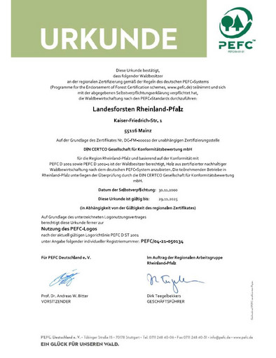 PEFC-Urkunde Landesforsten Rheinland-Pfalz
