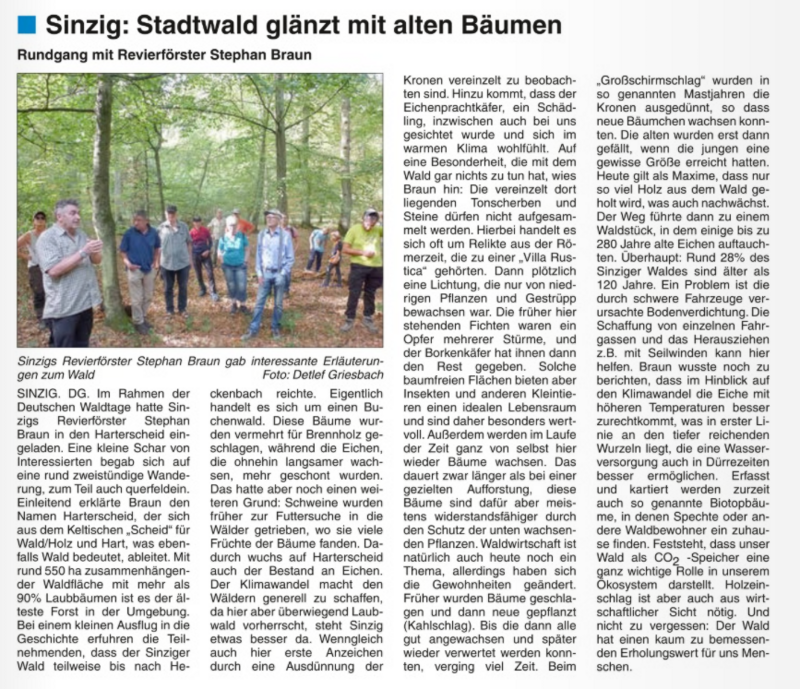 Zeitungsbericht über den Waldspaziergang mit Revierleiter Stephan Braun