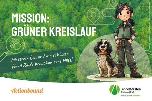 Mission grüner Kreislauf Das Bild zeigt Försterin Lea Grünblatt und ihren Hund Rinde