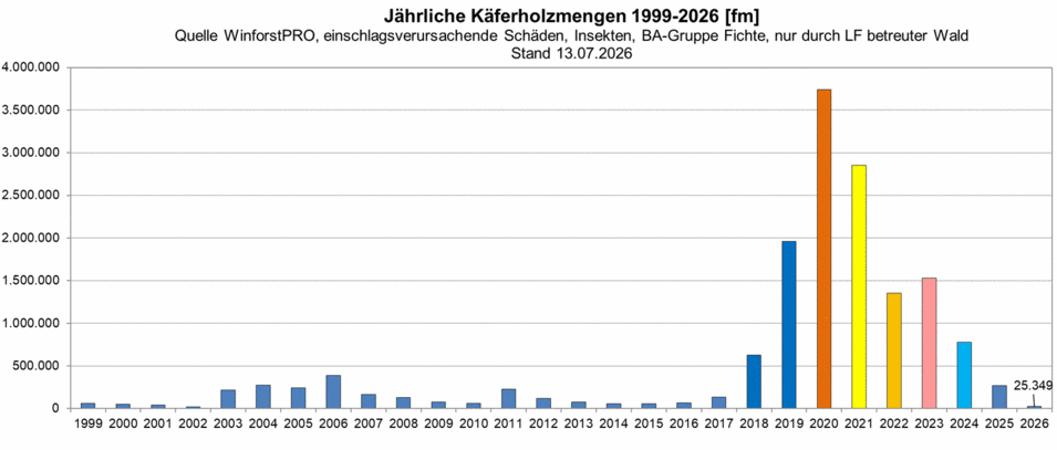 Die Grafik zeigt ein Säulendiagramm, in dem die Fichtenholzmenge in Festmetern, die aufgrund von Insektenschäden entnommen wurde, über dem jeweiligen Kalenderjahr dargestellt ist.