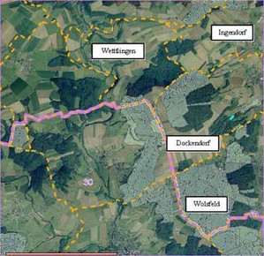 Die Gemarkungen Wolsfeld, Dockendorf, Ingendorf und Wettlingen weisen größere Privatwaldkomplexe (unschraffiert) auf