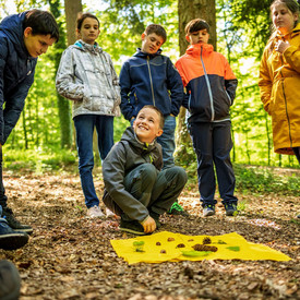 Sieben Kinder im Grundschulalter bei einem Umweltbildungsprogramm im Wald