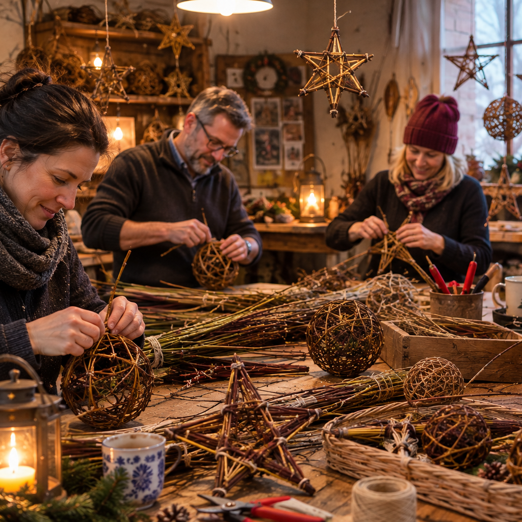 Weihnachtliches Flechten Das Bild zeigt: 4 Personen, die weihnachtliches aus Weide flechten