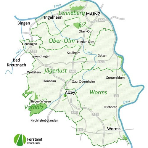 Das Bild zeigt: Karte der Reviere im Forstamt Rheinhessen