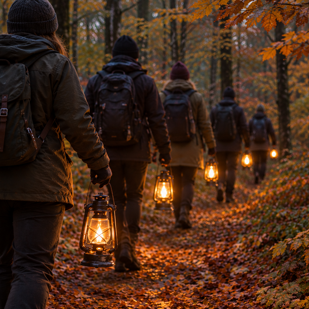 Funzelwanderung im Wald Das Bild zeigt: mehrere Personen mit einer Sturmlampe, auch Funzel genannt, bei einer Nachtwanderung durch den Wald