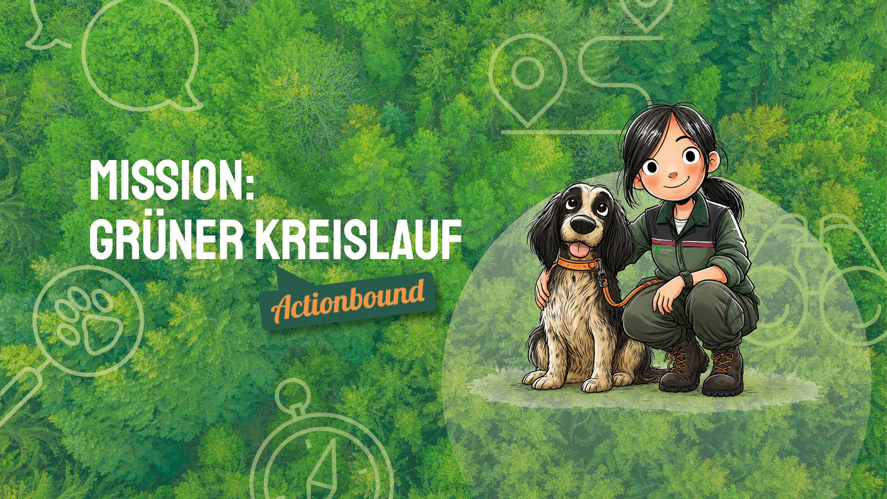 Das Bild zeigt die Sympathiefigur Lea Grünblatt mit Hund Rinde.