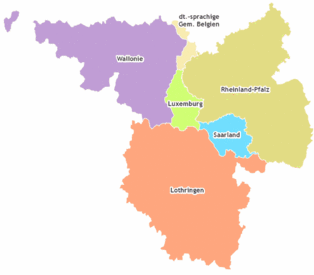 Die Karte zeigt die Regionen Wallonie, die deutschsprachige Gemeinschaft Belgien, Luxemburg, Lothringen, das Saarland und Rheinland-Pfalz.