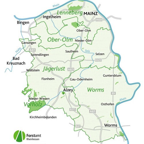 Karte der Reviere im Forstamt Rheinhessen