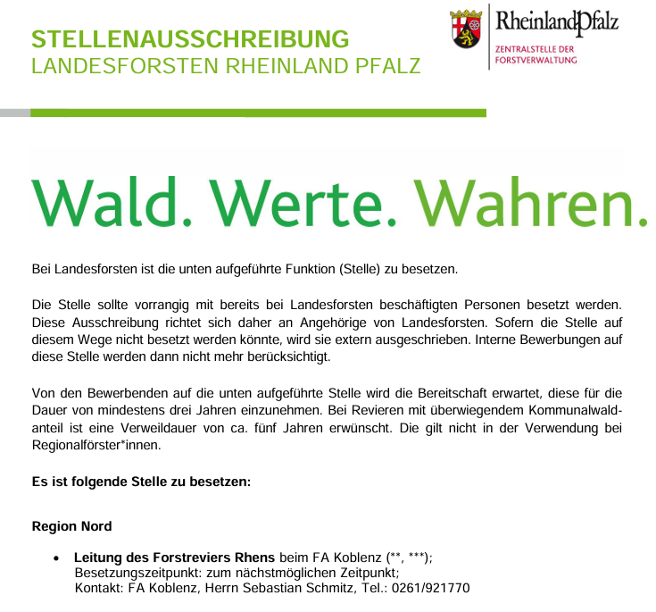 Das Foto zeigt den Anfang der offiziellen Stellenausschreibung für die Leitung des Forstreviers Rhens beim Forstamt Koblenz