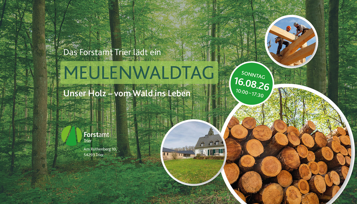 Das Bild zeigt den Einladungs-Banner des Forstamtes Trier zum Meulenwaldtag am 16.8.2026.