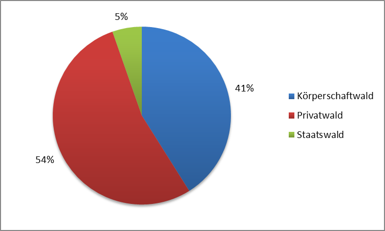 Abbildung 1: Prozentuale Verteilung der Waldbesitzarten im Forstamt: 41 % Körperschaftswald, 54 % Privatwald, 5 % Staatswaldrweiler