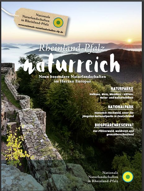 Titelbild des Magazins NATURREICH für Rheinland-Pfalz mit felsiger Waldlandschaft bei untergehender Sonne