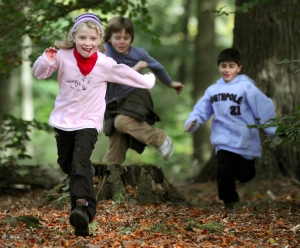 Drei Kinder laufen durch den Wald 