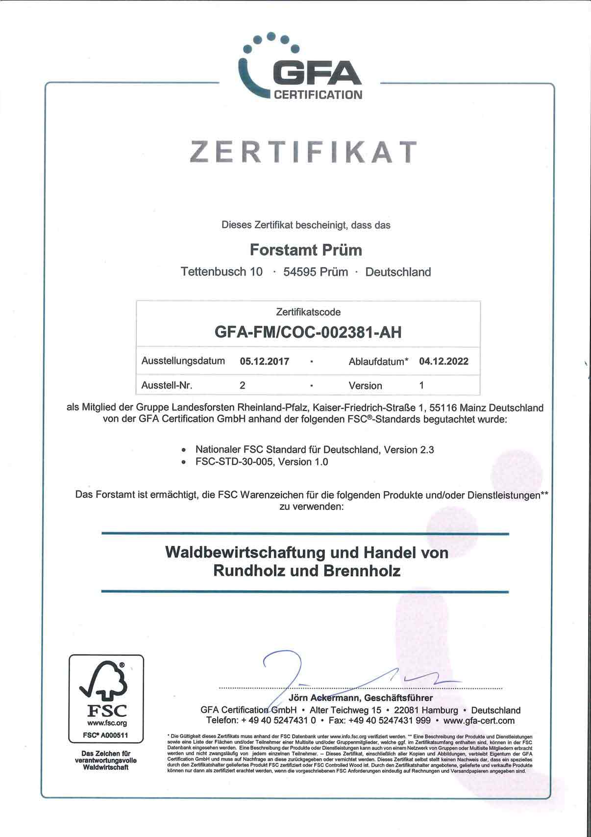 FSC ® Zertifikat Staatswald Forstamt Prüm