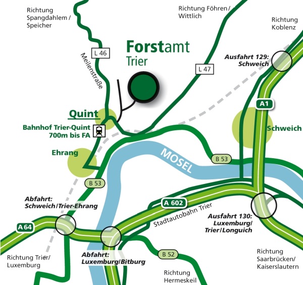 Das Bild zeigt die Anfahrtskizze Forstamt Trier