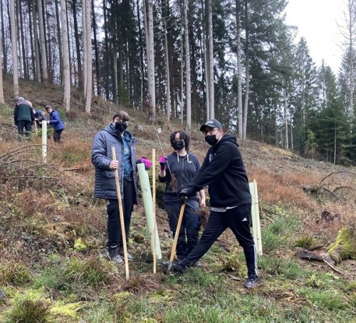 Schüler und Schülerinnen der IGS Thaleischweiler-Fröschen helfen beim Pflanzen neuer Bäume